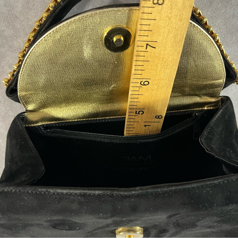 Pam Italian Hand Bag Black Velvet Gold Metal Accent Handle Evening Small Purse - Picture 5 of 11